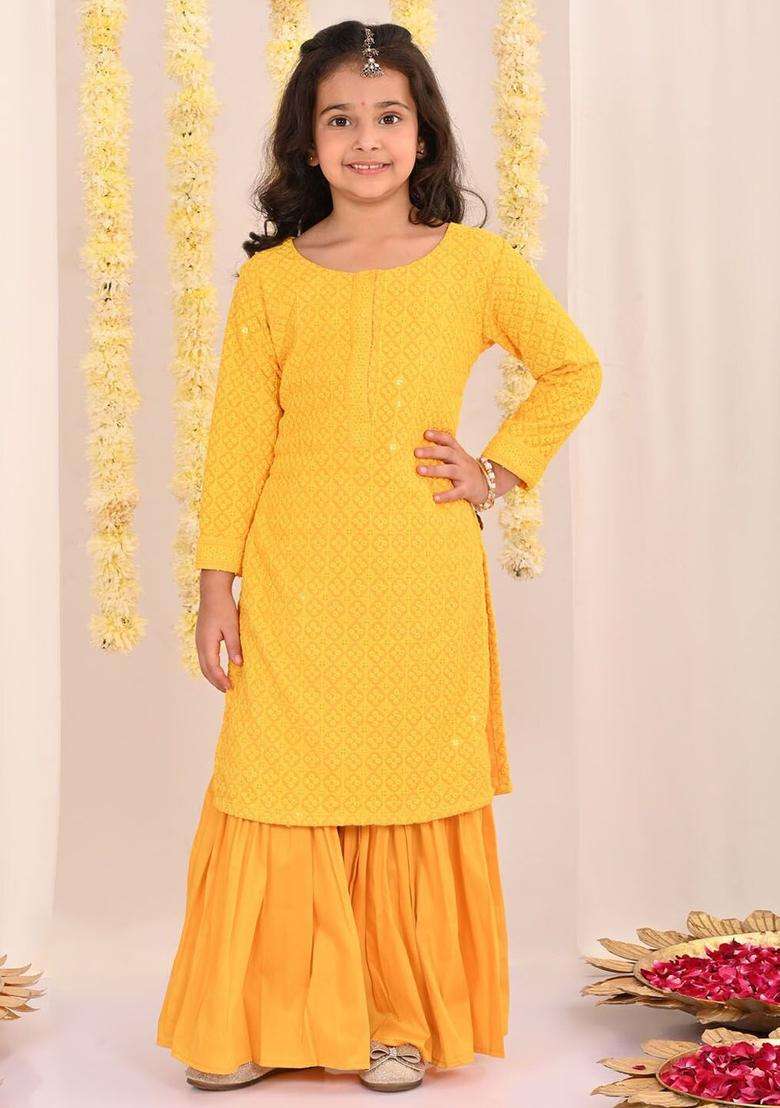 Yellow Embroidered Cotton Kurta Set For Girls - Indya