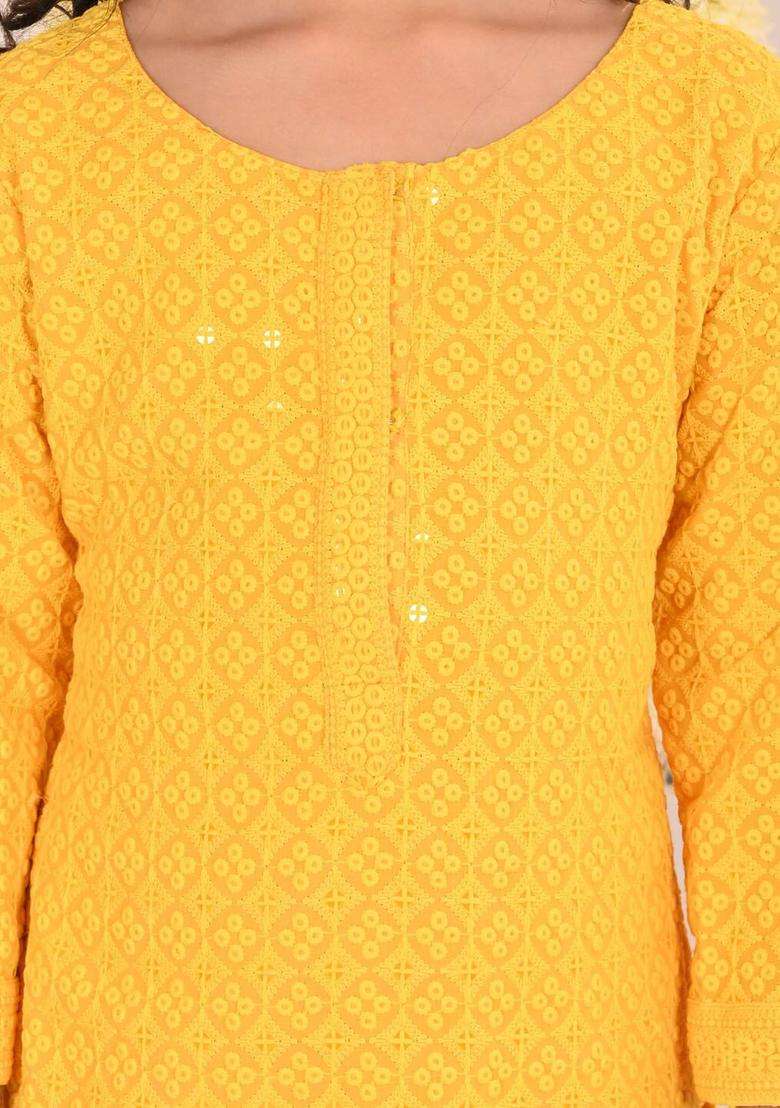 Yellow Embroidered Cotton Kurta Set For Girls - Indya