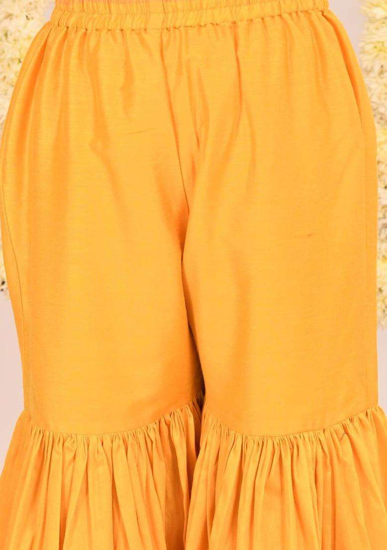 Yellow Embroidered Cotton Kurta Set For Girls - Indya