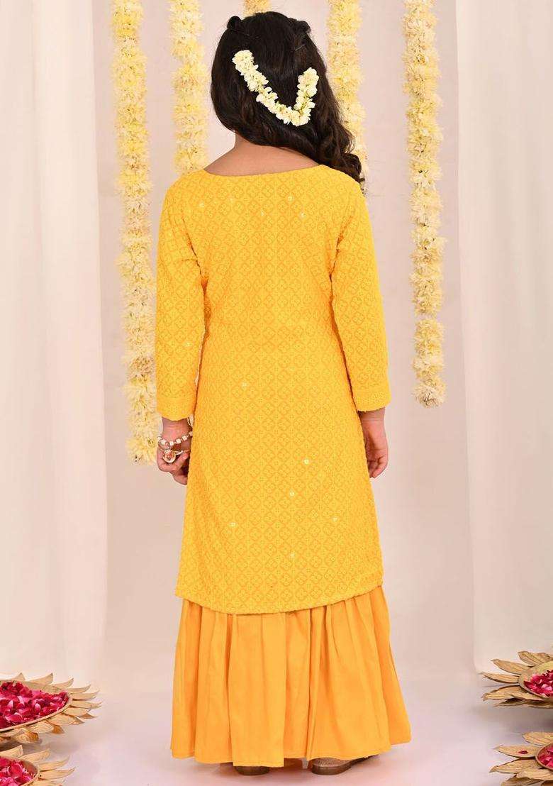 Yellow Embroidered Cotton Kurta Set For Girls - Indya