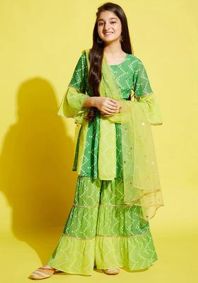 Green Printed Georgette Kurta Set For Girls