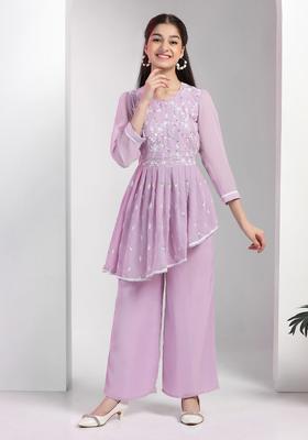 Lavender Embroidered Georgette Kurta Set For Girls