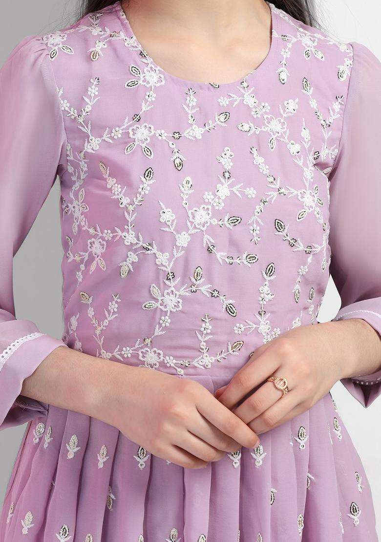 Lavender Embroidered Georgette Kurta Set For Girls - Indya