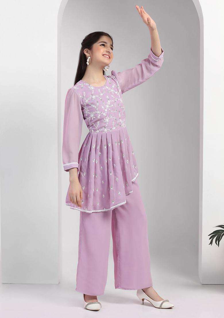 Lavender Embroidered Georgette Kurta Set For Girls - Indya