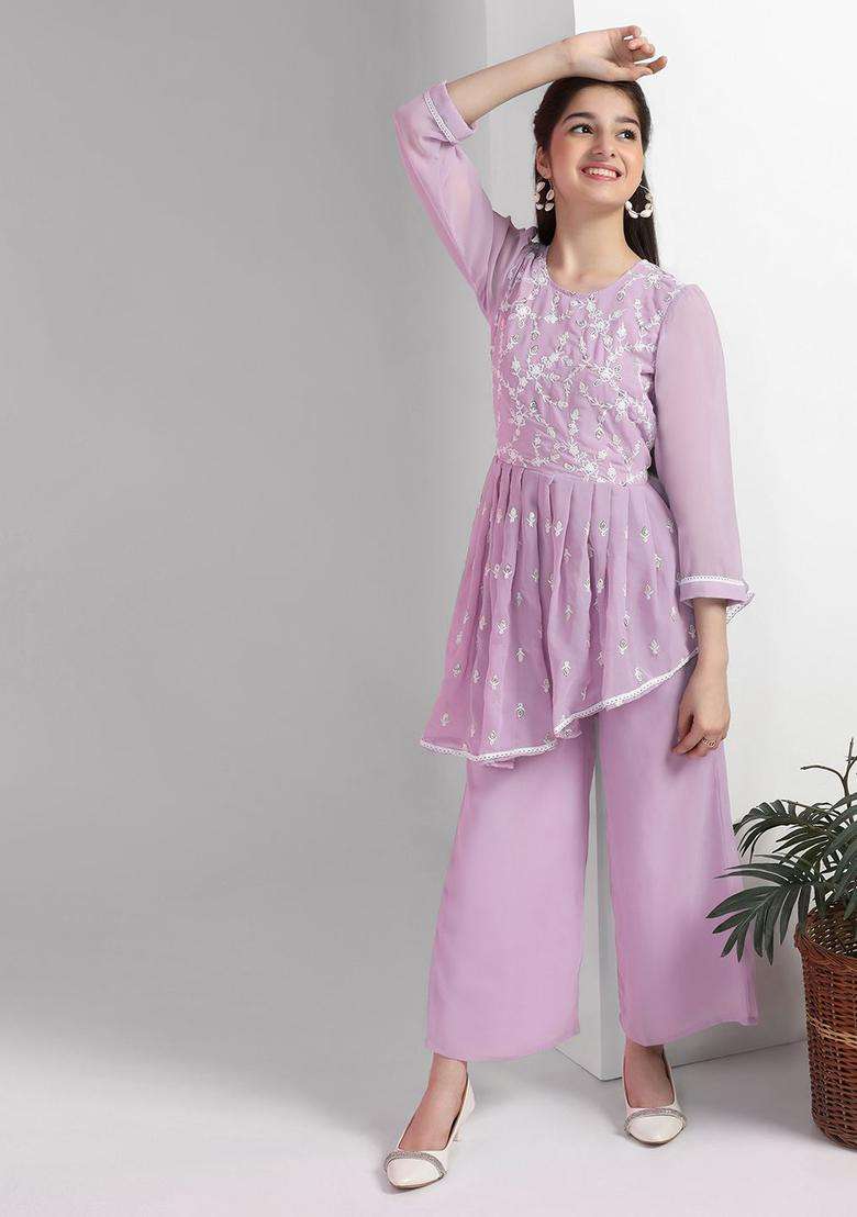 Lavender Embroidered Georgette Kurta Set For Girls - Indya
