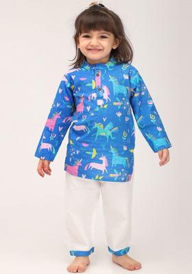Blue Printed Cotton Kurta Set For Girls