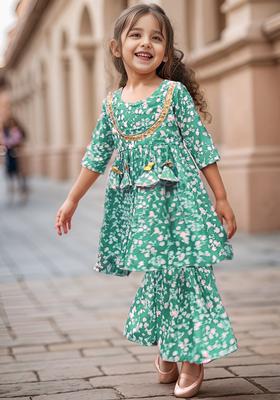 Green Printed Polyester Kurta Set For Girls