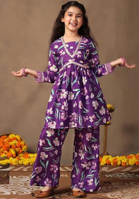 Purple Printed Silk Kurta Set For Girls