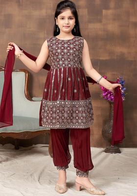Maroon Embroidered Georgette Kurta Set For Girls