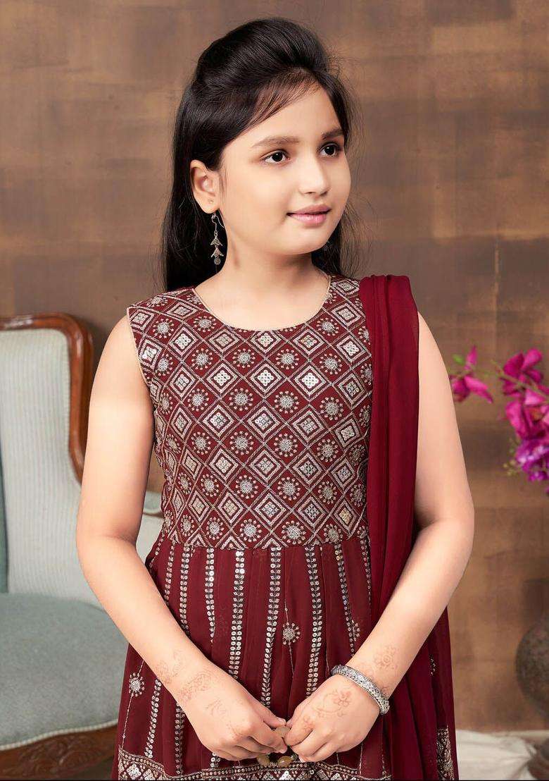 Maroon Embroidered Georgette Kurta Set For Girls - Indya