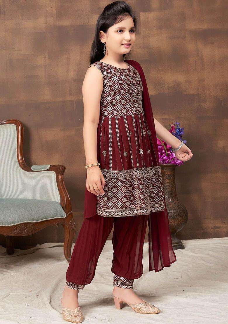 Maroon Embroidered Georgette Kurta Set For Girls - Indya