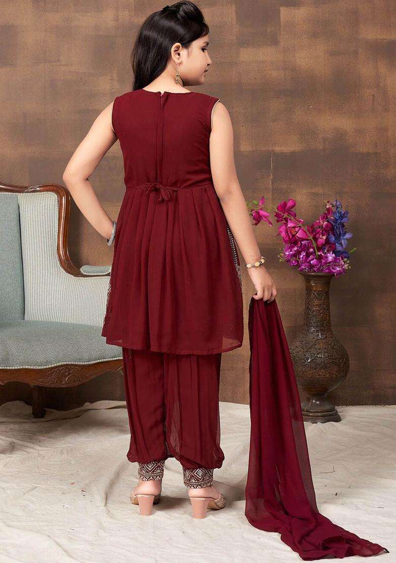 Maroon Embroidered Georgette Kurta Set For Girls - Indya