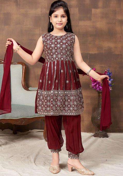 Maroon Embroidered Georgette Kurta Set For Girls