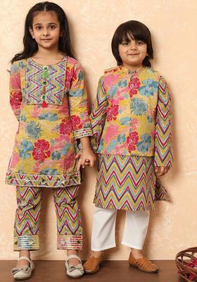Mustard Printed Cotton Kurta Set For Girls