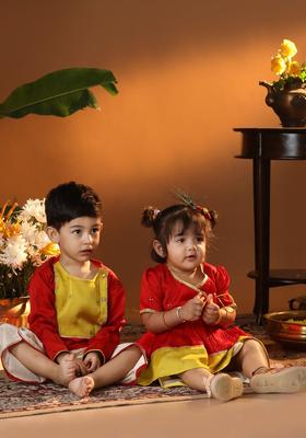 Red Embroidered Silk Kurta Set For Girls