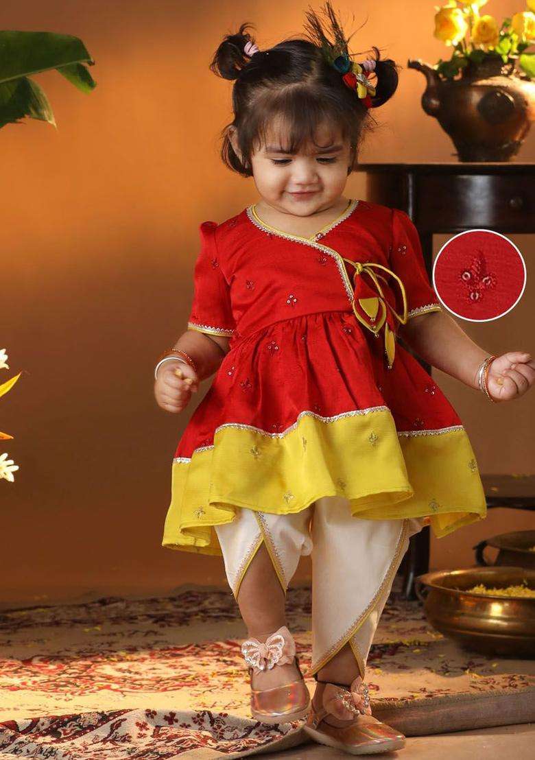 Red Embroidered Silk Kurta Set For Girls - Indya