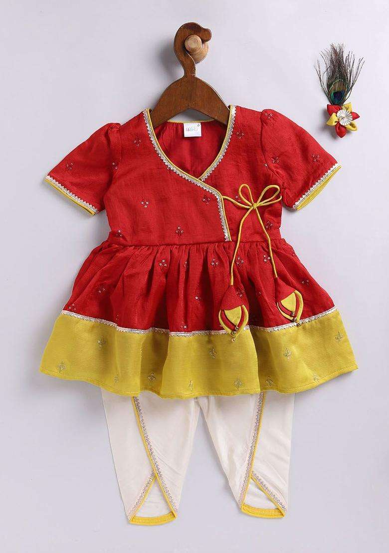 Red Embroidered Silk Kurta Set For Girls - Indya