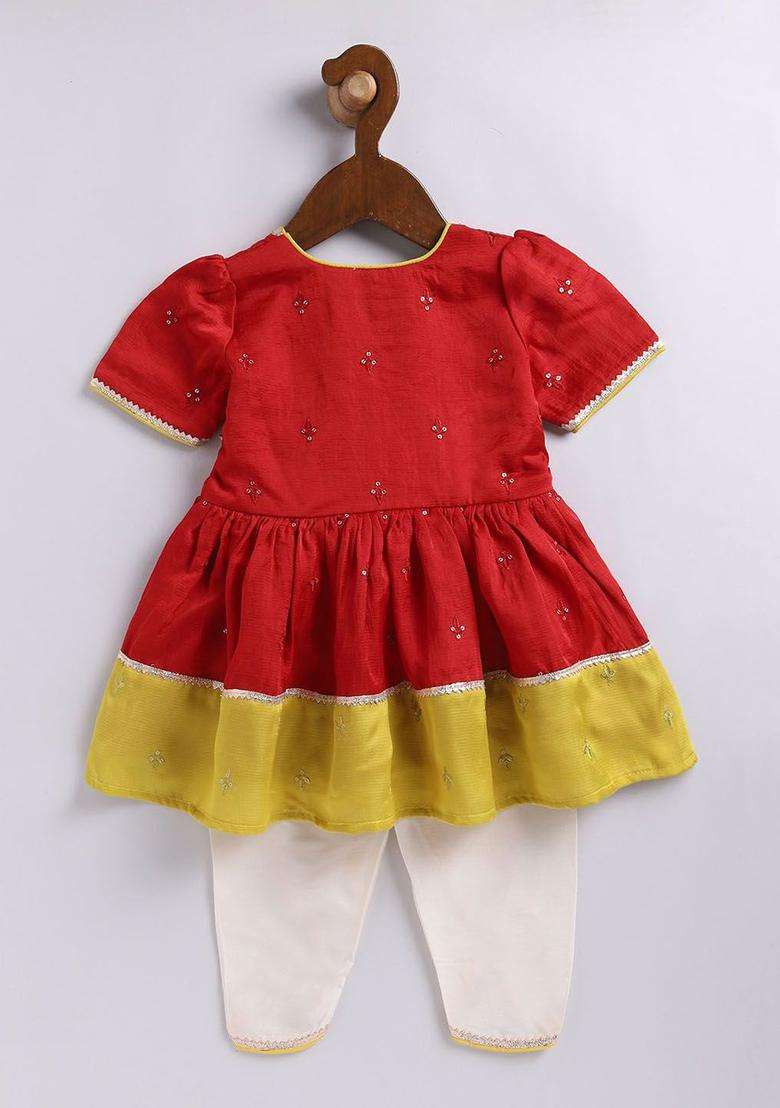 Red Embroidered Silk Kurta Set For Girls - Indya