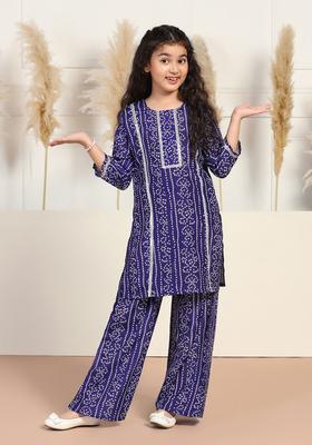 Blue Printed Cotton Kurta Set For Girls