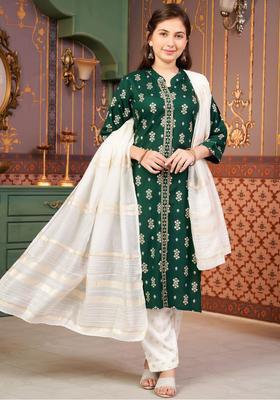 Green Printed Viscose Kurta Set For Girls
