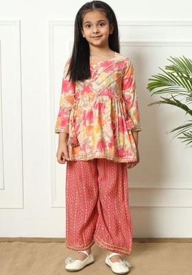 Pink Printed Silk Kurta Set For Girls