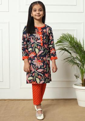 Blue Printed Cotton Kurta Set For Girls