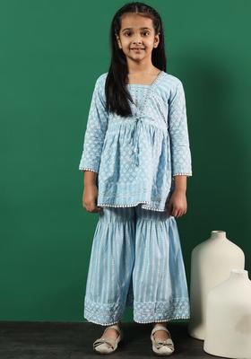 Blue Printed Cotton Kurta Set For Girls