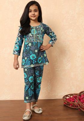 Blue Printed Cotton Kurta Set For Girls