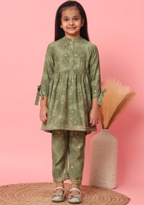 Green Printed Cotton Kurta Set For Girls