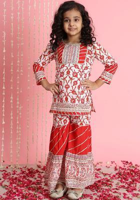 Red Printed Cotton Kurta Set For Girls