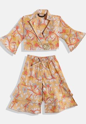 Mustard Printed Cotton Kurta Set For Girls