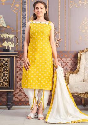 Yellow Printed Silk Kurta Set For Girls