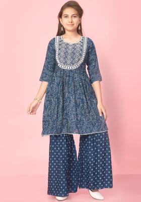 Navy Blue Printed Cotton Kurta Set For Girls