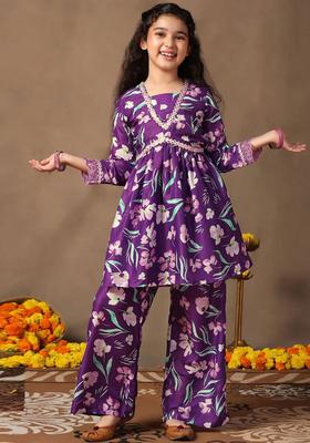 Purple Printed Silk Kurta Set For Girls