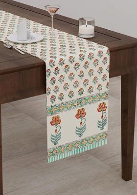 Cream Coloured And Turquoise Blue Floral Printed Pure Cotton Table Runner