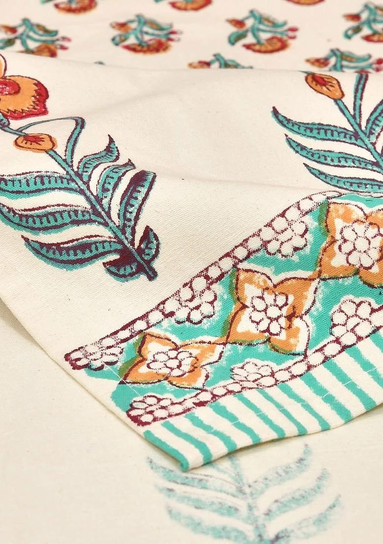 Cream Coloured And Turquoise Blue Floral Printed Pure Cotton Table Runner