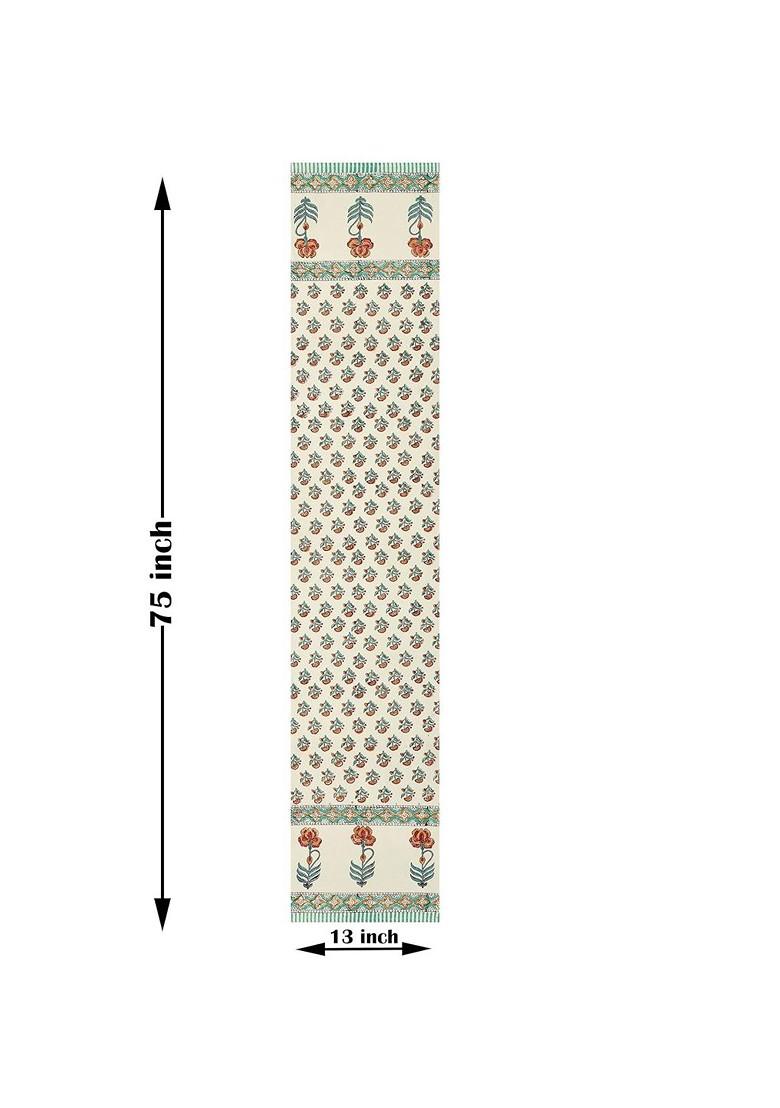 Cream Coloured And Turquoise Blue Floral Printed Pure Cotton Table Runner