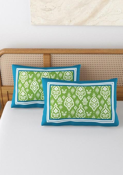 Green And White 2 Pieces Printed Pure Cotton Rectangle Pillow Covers