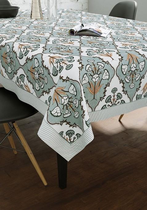 Grey And White Ethnic Motifs Printed Cotton 6Seater Table Cover