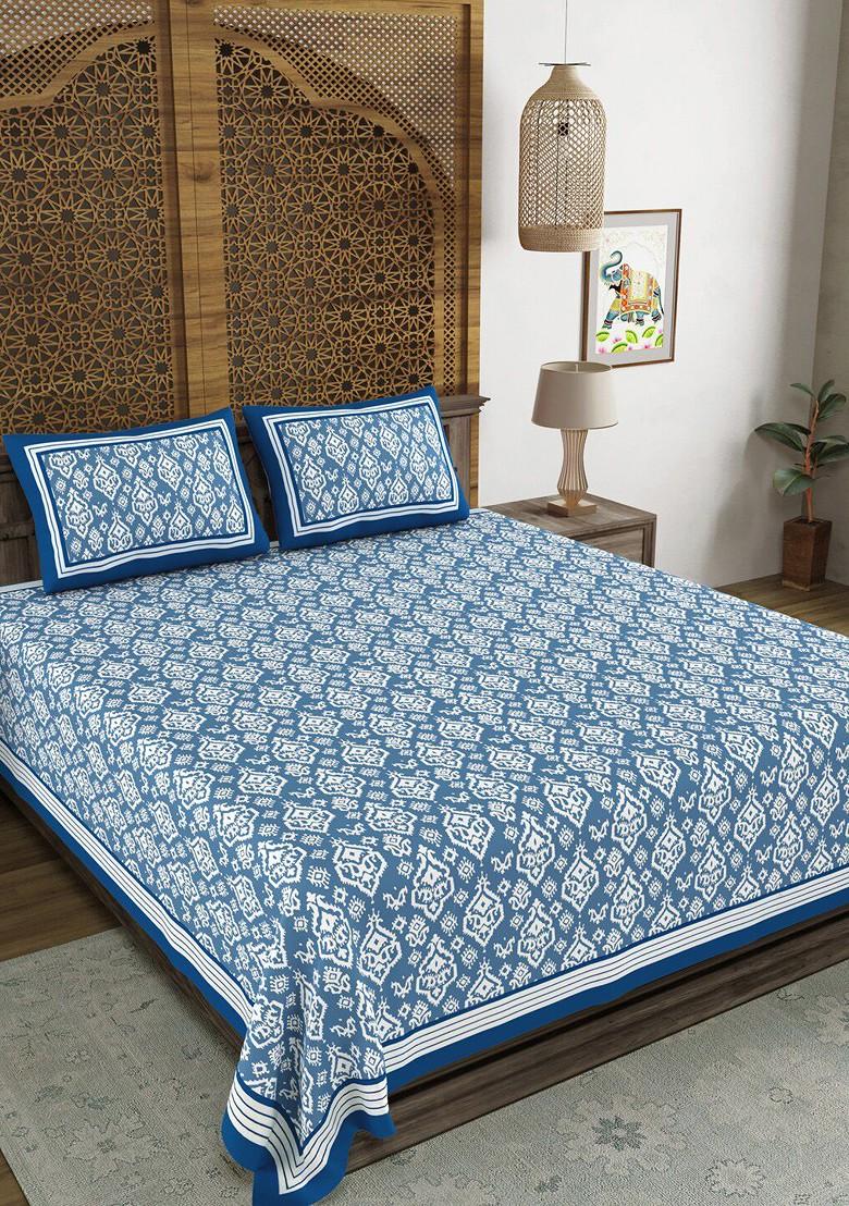 Blue Ethnic Motifs Printed Cotton 210 Tc King Bedsheet And 2 Pillow Covers