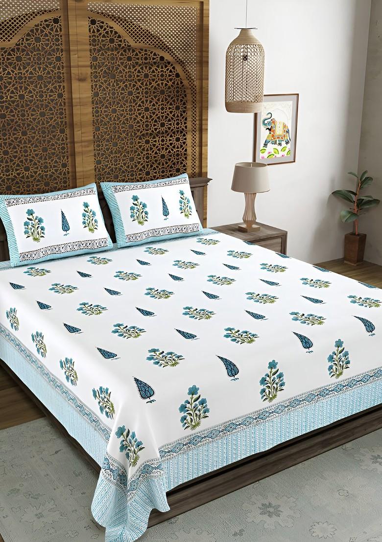 Blue And White Ethnic Motifs Cotton 210 Tc King Bedsheet And 2 Pillow Covers