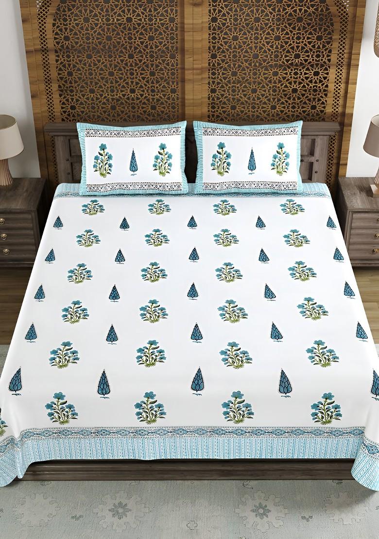 Blue And White Ethnic Motifs Cotton 210 Tc King Bedsheet And 2 Pillow Covers