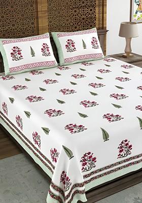 White And Green Ethnic Motifs Cotton 210 Tc King Bedsheet And 2 Pillow Covers