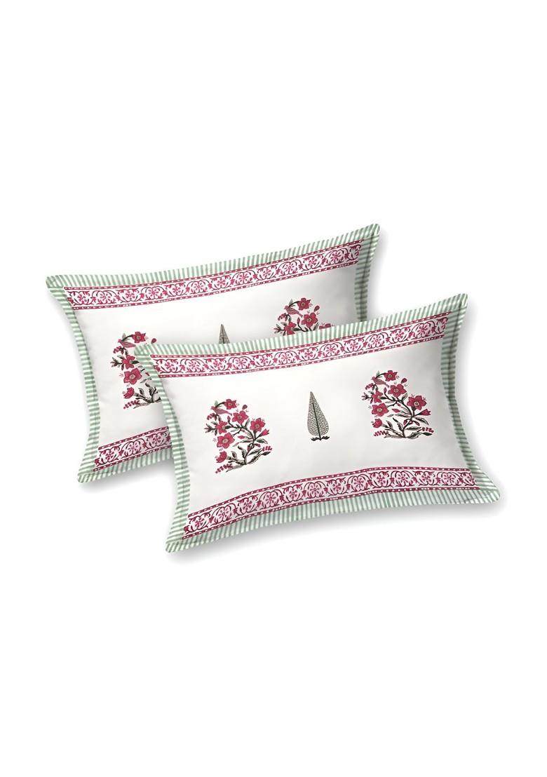 White And Green Ethnic Motifs Cotton 210 Tc King Bedsheet And 2 Pillow Covers