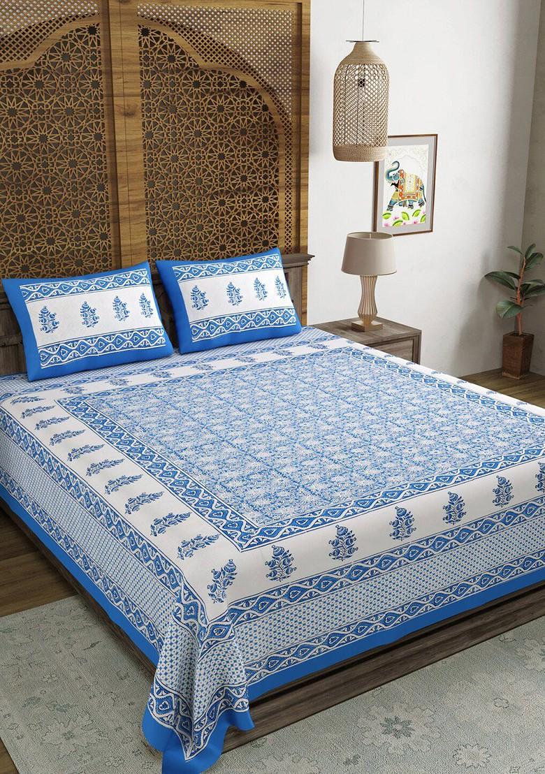White And Blue Ethnic Motifs Printed 210 Tc King Bedsheet And 2 Pillow Covers
