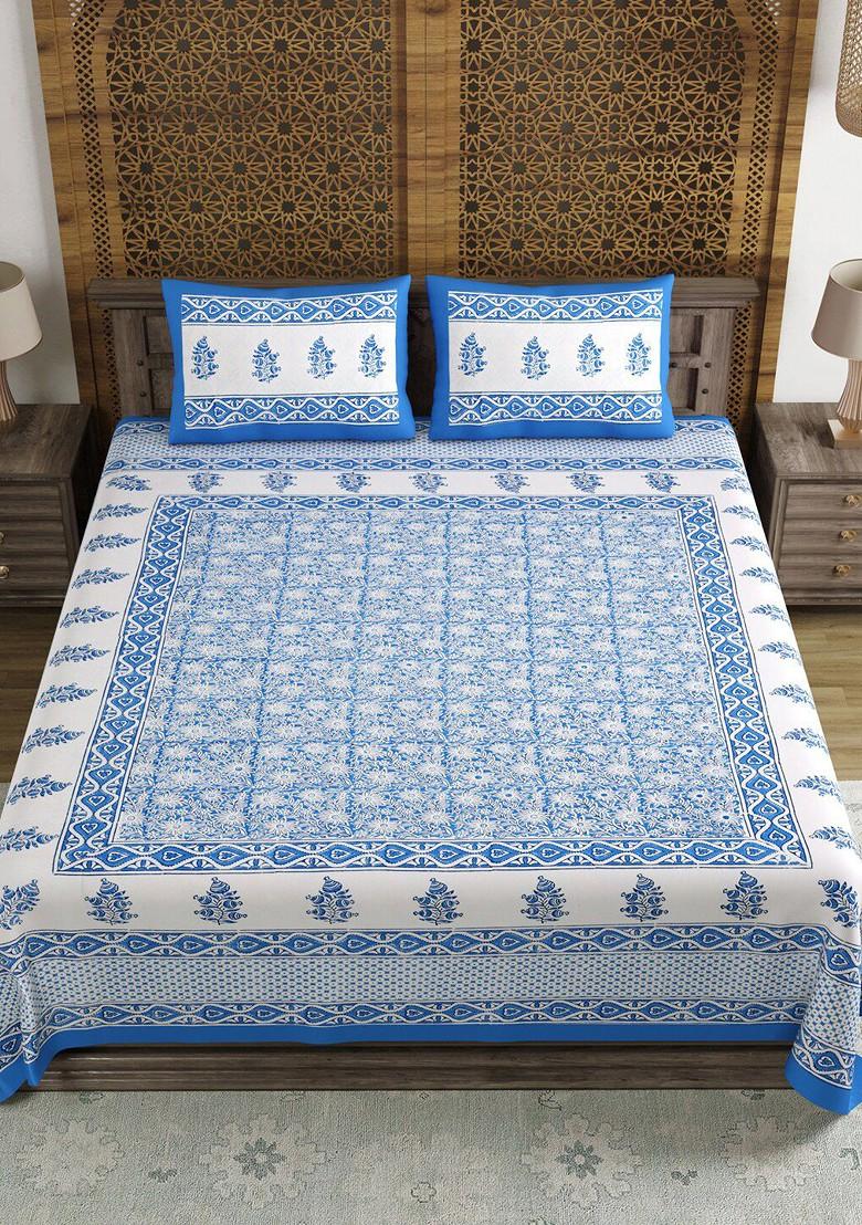 White And Blue Ethnic Motifs Printed 210 Tc King Bedsheet And 2 Pillow Covers