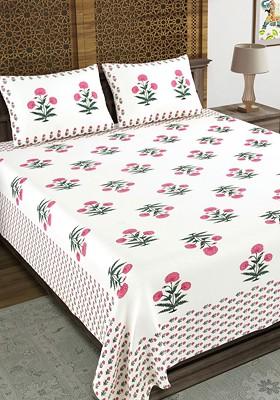 White And Pink Ethnic Motifs 210 Tc King Bedsheet With 2 Pillow Covers