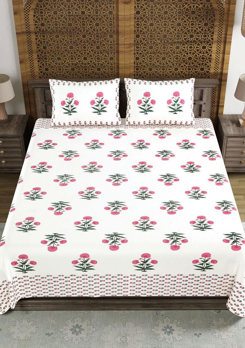 White And Pink Ethnic Motifs 210 Tc King Bedsheet With 2 Pillow Covers