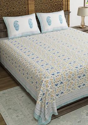 Unisex Blue Printed 250 Tc King Bedsheet With 2 Pillow Covers