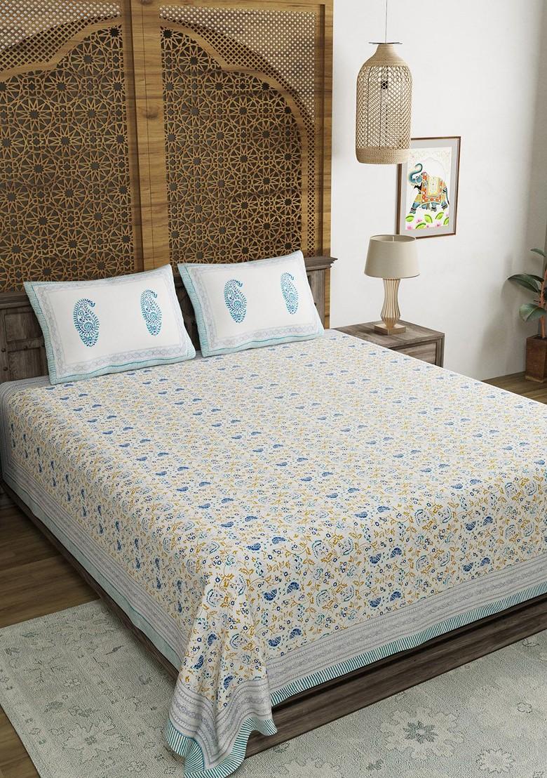 Unisex Blue Printed 250 Tc King Bedsheet With 2 Pillow Covers